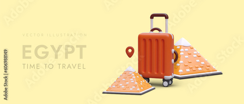 Time to visit Egypt. Vector banner for advertising tourist trips to Africa. Excursions to pyramids. Poster with 3D illustration, place for text. Escrow concept for modern travel agencies