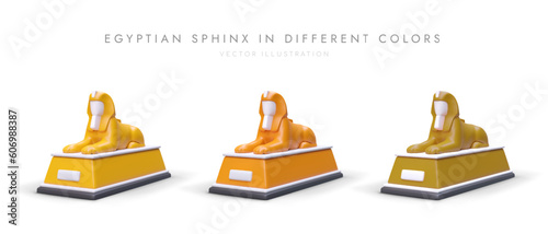 3D Egyptian Sphinx in different colors. Set of realistic images with shadows. Collection of icons on tourist theme. Symbol of Egypt, era of pharaohs. Statue of mystical creature