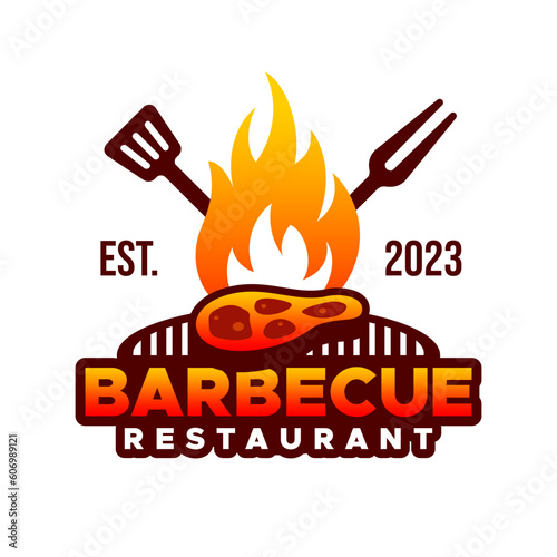 Barbecue logo with spatula and fork, meat, fire, flame, grill elements. Bbq restaurant, food and beverage logo.