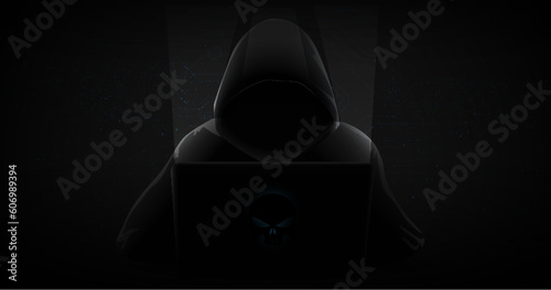Hacker behind a laptop monitor in shadow. Cybercrime. Vector illustration