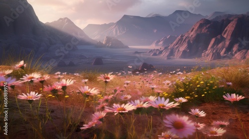 field of daisies with beautiful sunset sky. Generative AI