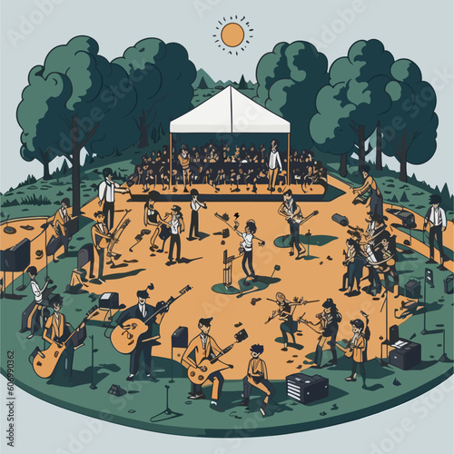 Outdoor concerts depicted in simple line vector art, capturing the energy and excitement of live music under the open sky. © chep
