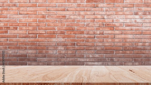 Brick wall with wooden floor the background space of the interior, wooden floor with Empty brick for background. photo
