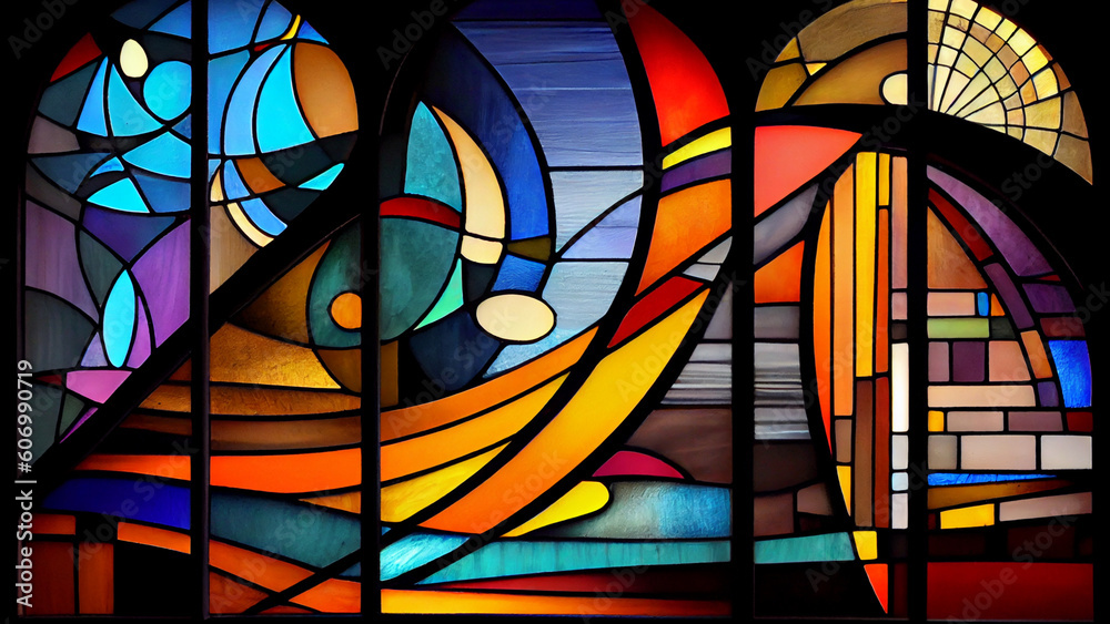 stained glass drawn with modern art, colorful and geometrical pattern