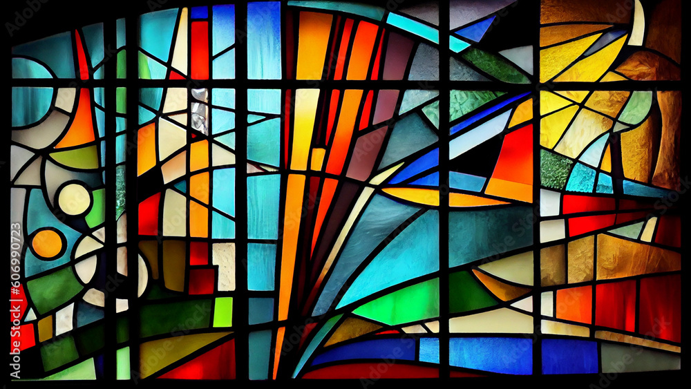 stained glass drawn with modern art, colorful and geometrical pattern