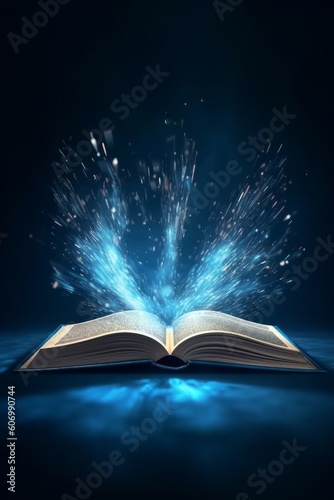 Open book with glowing rays on dark blue background. 3D rendering, generative Ai