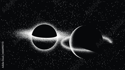 Black hole with disc of plasma eating dying star in space. Supermassive singularity in core off a galaxy, with noise texture . Event horizon .Vector illustration