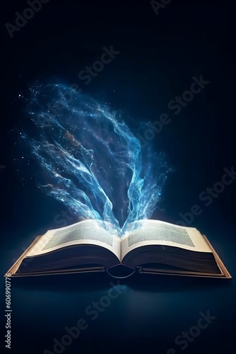 Open book with blue light on dark background. Fantasy and education concept, generative Ai © Angus.YW