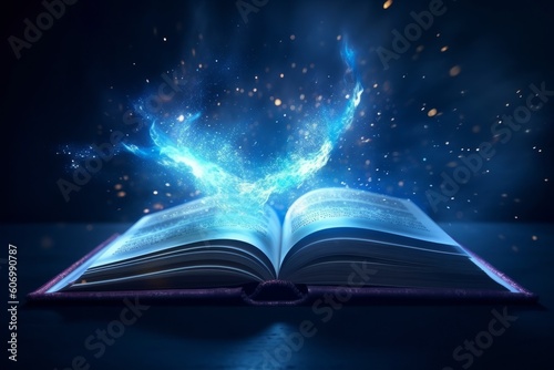 Open book with glowing light beam on dark background. Fantasy concept, generative Ai