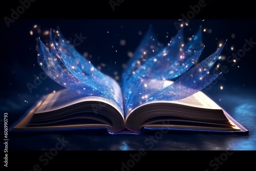 Magic book with glowing stars on dark background. 3D rendering, generative Ai