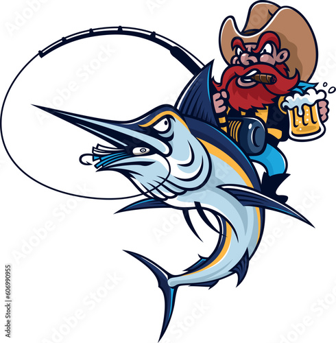 A Cowboy Smoking a Cigar, Holding a Beer Glass, and Fishing a Blue Marlin