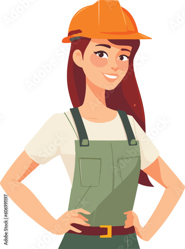 Cute young constructor woman in hard hat and uniform. Vector illustrations