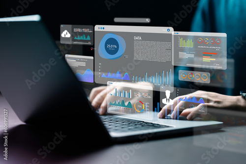 An analyst uses a computer and dashboard for data business analysis and Data Management System with KPI and metrics connected to the database for technology finance; operations; sales; marketing