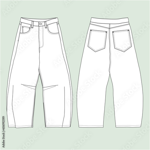 silhouette jeans, outline jeans, vector, illustration, wide-leg, belt loops, japanese style jeans, men jeans.