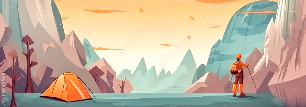 expedition around the world, hiking tours with a tent in the mountains, banner with copy space, made with Generative AI