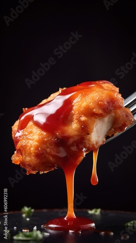 Fork with tomato sauce. Boneless chicken piece with sauce in a fork. generative ai