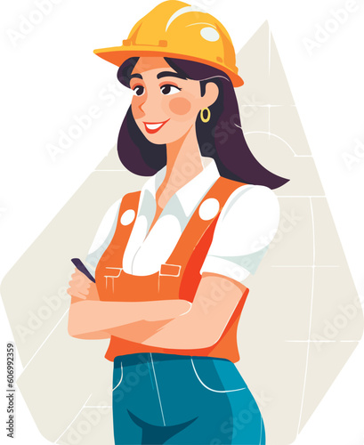 Cute young constructor woman in hard hat and uniform. Vector illustrations