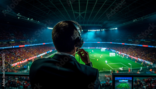 Football commentator of the final football match of the World Cup. Generative AI photo