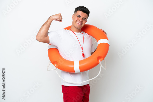 Young handsome man isolated on white background with lifeguard equipment and doing strong gesture