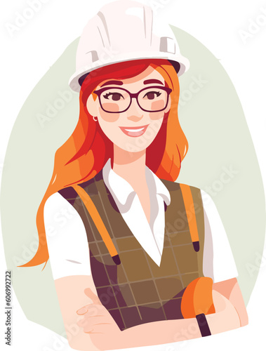Cute young constructor woman in hard hat and uniform. Vector illustrations