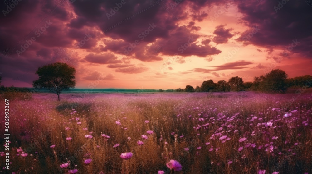 Pink flower filed with beautiful pink sky. Generative AI Pink flower filed with beautiful pink sky. Generative AI