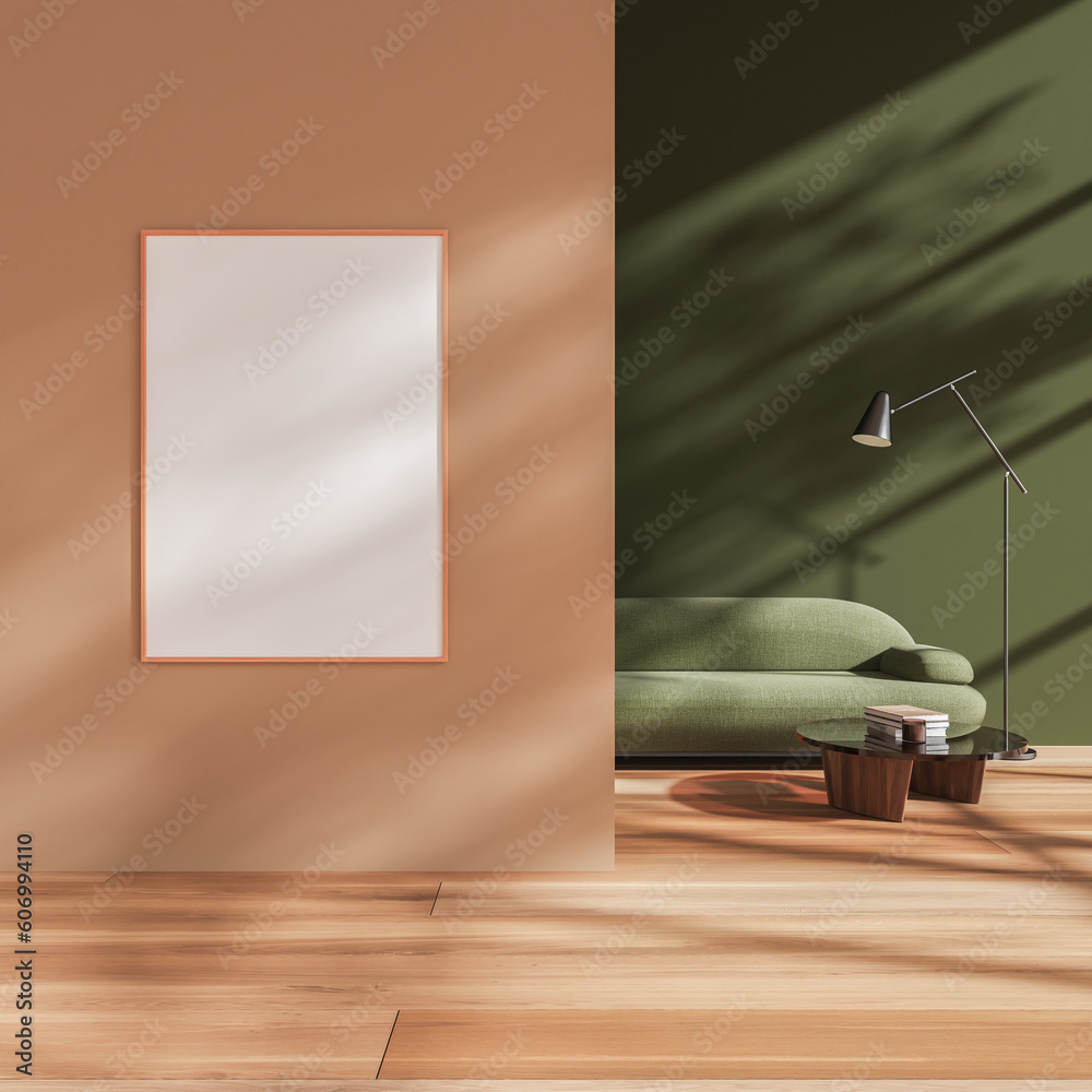 Obraz premium Beige relax place interior couch and coffee table with decor, mockup frame