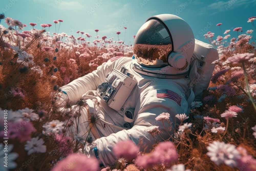 Astronaut laying flowers nature. Generate Ai