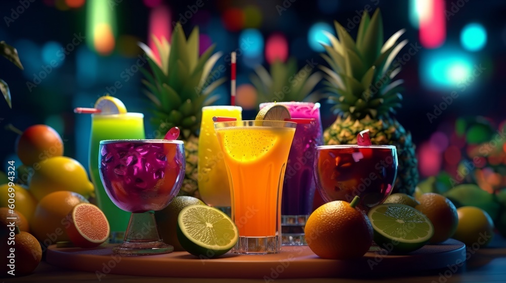 Fruit cocktail in glasses on a dark background with bokeh, generative Ai Fruit cocktail in glasses on a dark background with bokeh, generative Ai