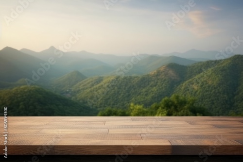 Wood table top on blur mountain background  ready for display or montage your products  generative Ai