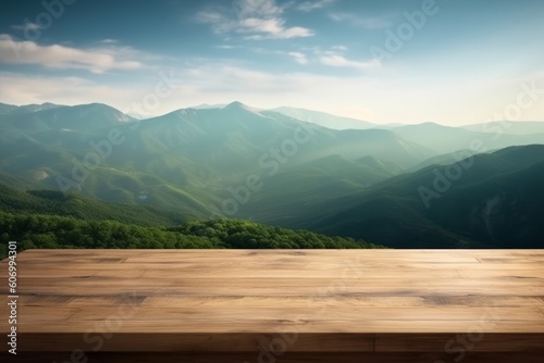 Empty wooden table over beautiful mountain landscape background. Ready for product display montage, generative Ai © Angus.YW