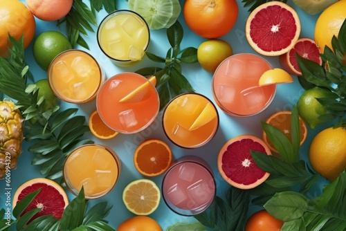Variety of citrus fruit juices on blue background. Top view, generative Ai