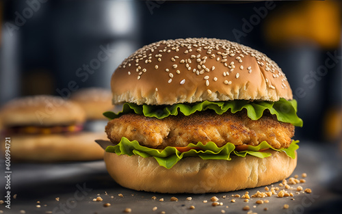 Burger with chicken crispy on black background