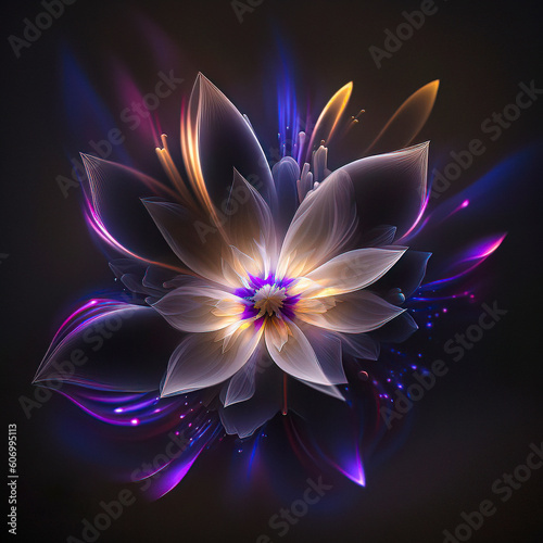 Glowing Opalescent Lotus: Translucent Beauty on Black, made with Generative AI