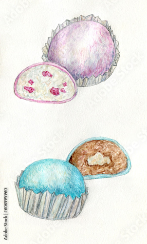 Hand painted watercolor mochi dessert pink and blue on white background - delicious desserts 