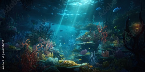 Undersea world. Coral reef and fish. Generative AI © Margo_Alexa