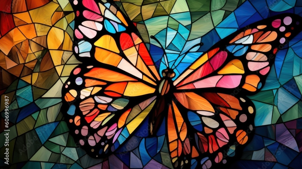 Colorful bright and simple stained glass wallpaper of butterfly. Generative AI Colorful bright and simple stained glass wallpaper of butterfly. Generative AI