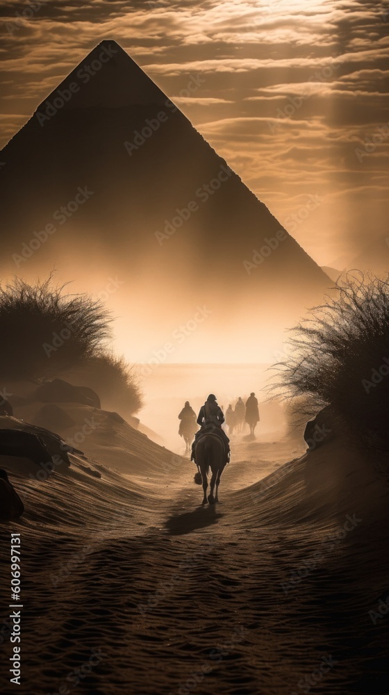 Fotografie Caravan in the desert against the backdrop of the pyramids in the setting sun