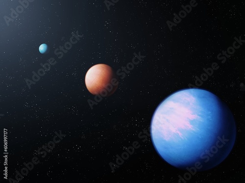Three planets lined up. A parade of exoplanets in another star system. Planet in space with satellites.