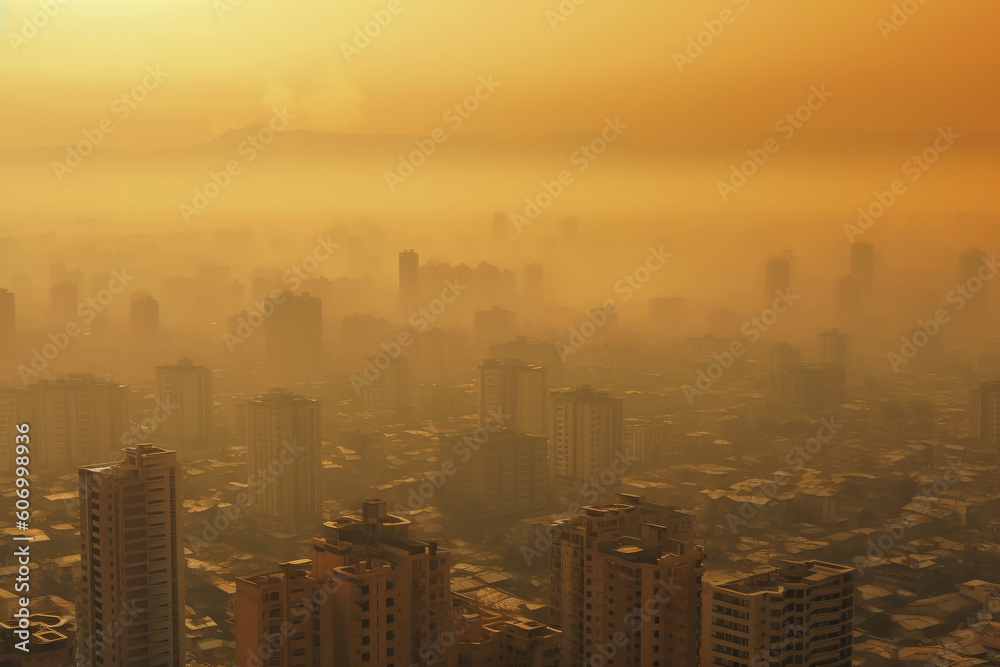 Urban landscape smoked polluted atmosphere from emissions of plants and factories, created with Generative AI Technology