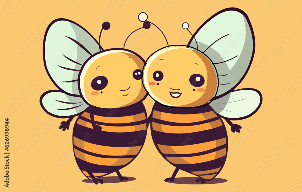 Cartoon bee hugging cartoon icon set,Cute bees fly over the flower. Vector illustration in flat style