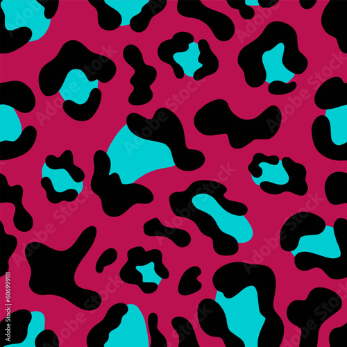 Multicolored Leopard Seamless Pattern. Pink background and blue spots. Viva Magenta. Square print