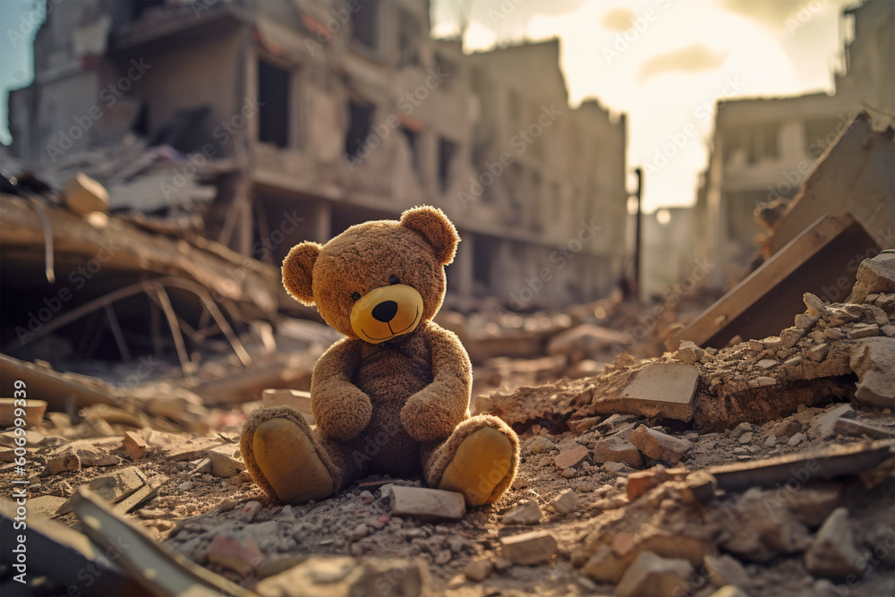 Child s teddy bear toy in rubble of city destroyed by war. Generative AI illustration Stock Illustration Adobe Stock
