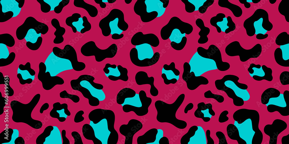 Multicolored Leopard Seamless Pattern. Pink background and blue spots. Viva Magenta. Long rectangular print