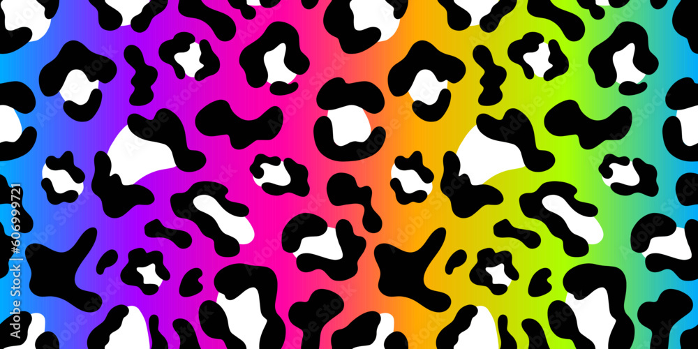 Rainbow neon leopard seamless pattern. Rainbow background, black and white spots. Long rectangular print