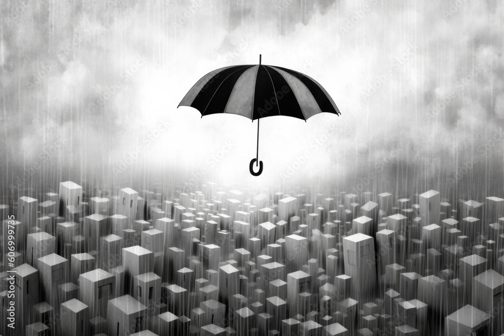 Umbrella, rain, black and white, illustration. abstract surreal background.Generative AI