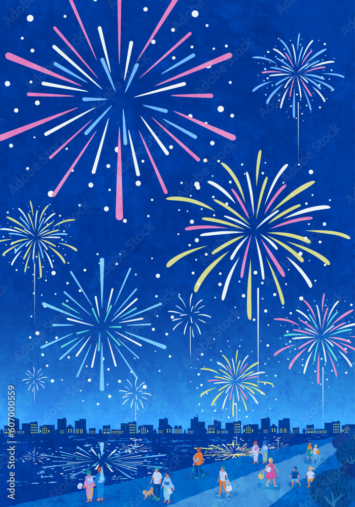 水辺で花火を見る人々の夏祭りのベクターイラスト背景 Stock Vector | Adobe Stock