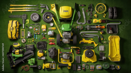 Tools for a Pristine Lawn: Lifestyle Photography Showcasing Minimalist Lawn Care Gear. Generative AI photo