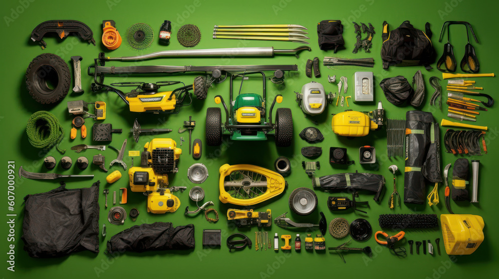 Keeping it Neat: Minimalist Lifestyle Photography of Well-Organized Lawn Care Equipment. Generative AI