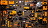 Minimalist Craftsmanship: Neatly Arranged Construction Worker Tools in Knolling Photography. Generative AI