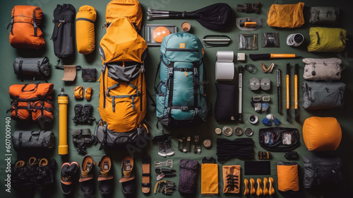 Knolling lifestyle photography of camping equipment. Generative AI